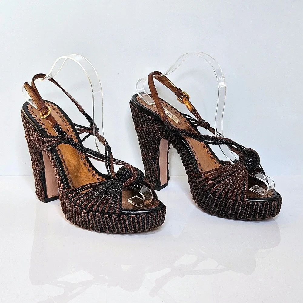 Prada Woven Bronze Metallic Platform Sandals Block Heel Knotted Raffia 40.5 IT